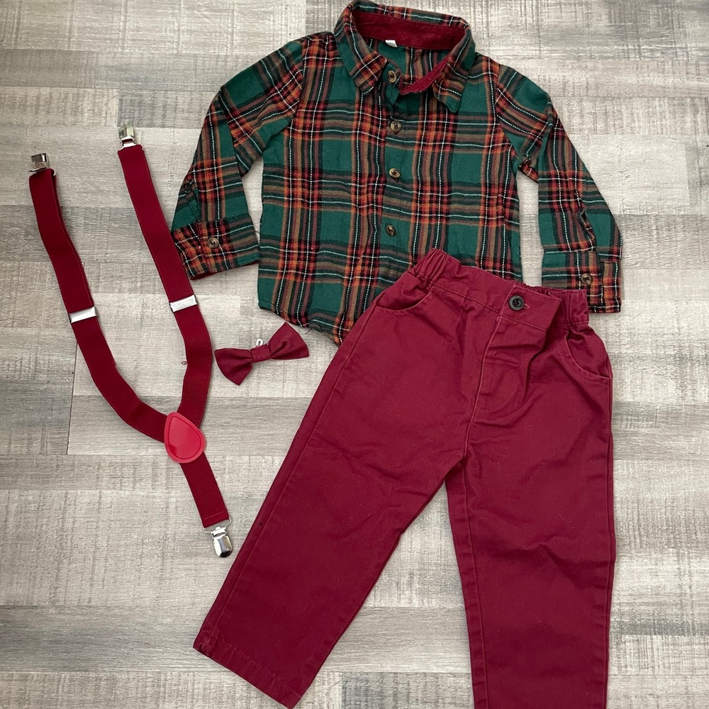 Plaid Shirt and Burgundy Pants Set for Kids